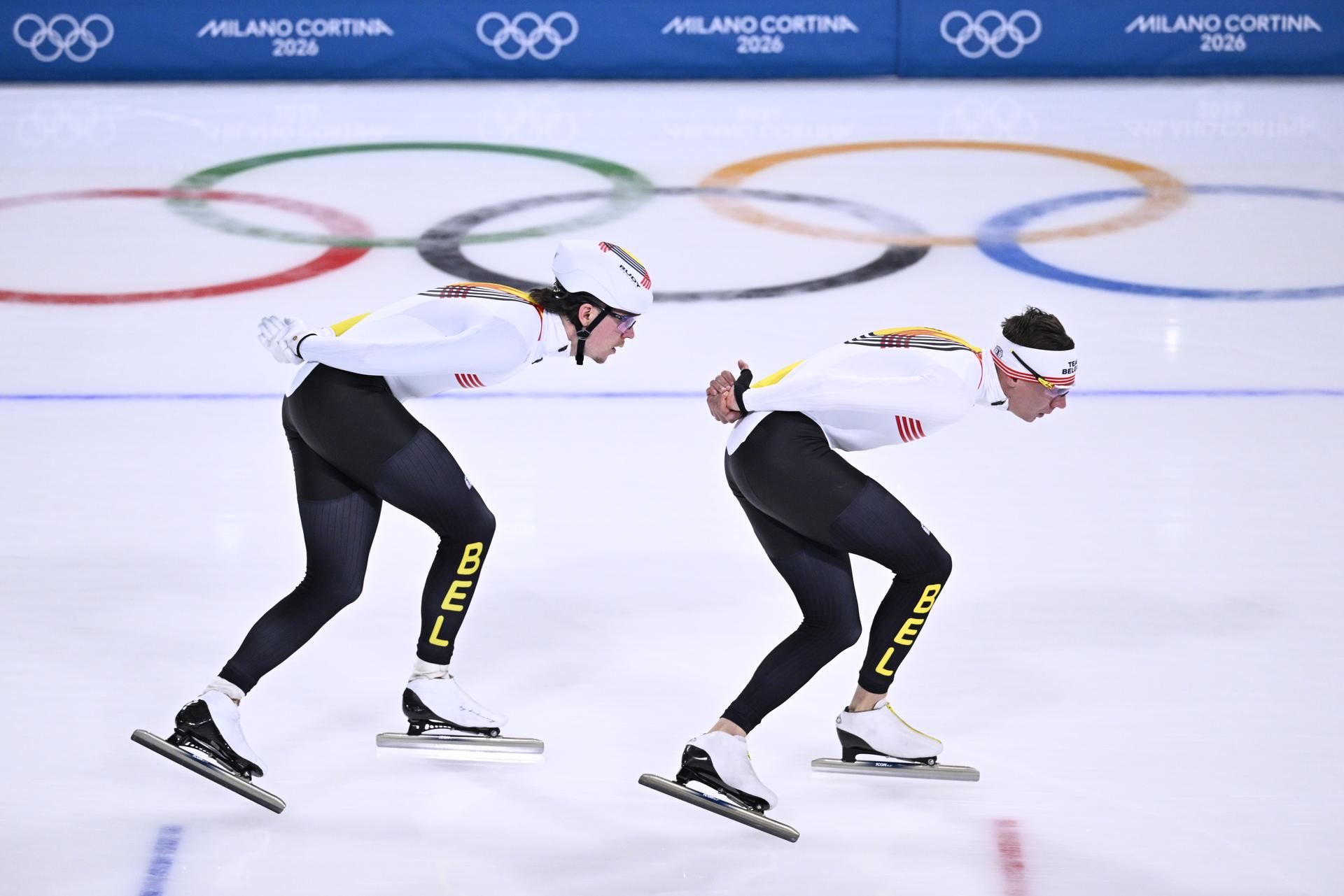 Belgian speed skaters Indra Medard and Bart Swings pictured during a training session at the Milano Cortina 2026 Olympic Winter Games, on Tuesday 17 February 2026 in Milan, Italy. The XXV Winter Olympics take place from 6 to 22 February 2026 in Italy. BELGA PHOTO JASPER JACOBS