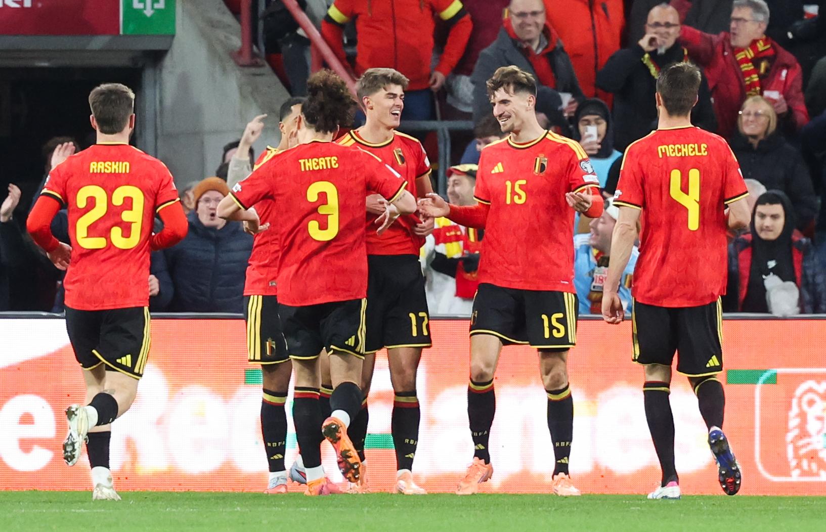 Belgium's Charles De Ketelaere celebrates after scoring during a soccer game between Belgium's Red Devils and Liechtenstein, the last FIFA World Cup 2026 qualification match, in Liege on Tuesday 18 November 2025. BELGA PHOTO VIRGINIE LEFOUR