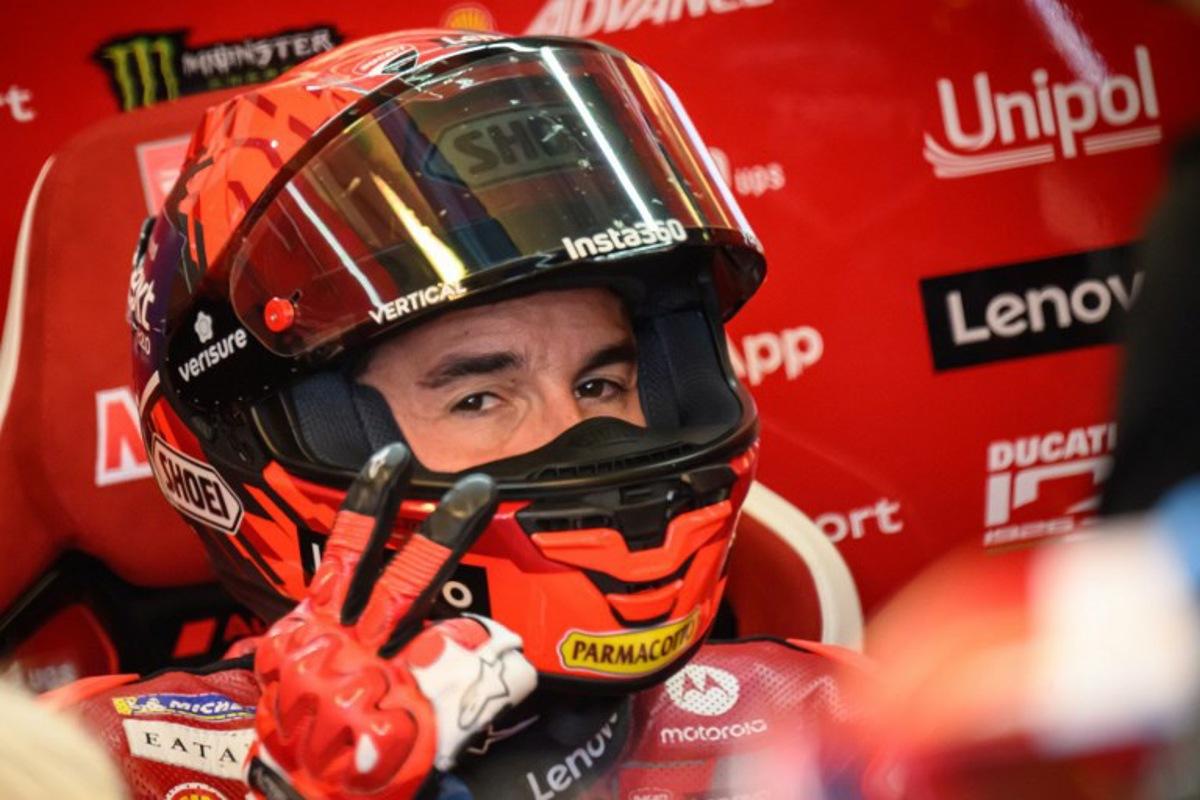 Ducati Lenovo Team's Spanish rider Marc Marquez gestures as he sits in the pits prior to the start of the first free practice session ahead of the Moto GP Grand Prix of France at Le Mans, northwestern France, on May 8, 2026. Loic VENANCE / AFP