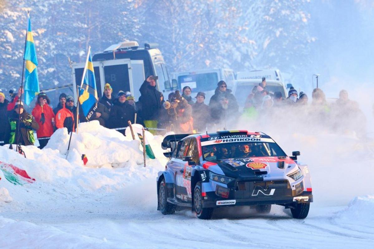 Belgian driver Thierry Neuville and co-driver Martijn Wydaeghe compete in their Hyundai i20 N Rally during Rally Sweden, the second round of the FIA World Rally Championship in Umea, Sweden, on February 13, 2026. Peo MOLLER / TT News Agency / AFP