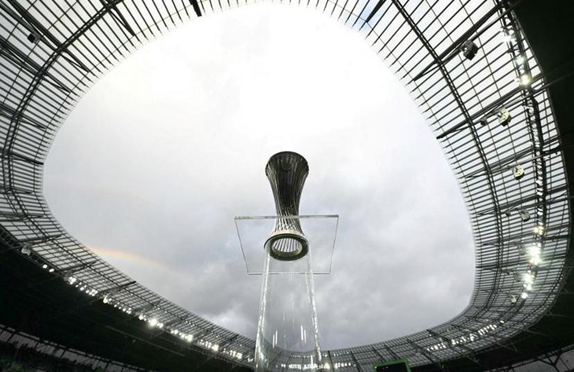 The UEFA Conference League trophy is displayed at the stadium in Wroclaw, Poland on May 28, 2025, ahead of the UEFA Conference League final football match between Real Betis and Chelsea FC. Sergei GAPON / AFP