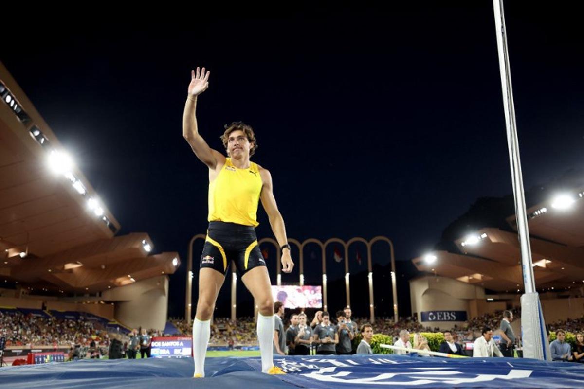Sweden's Armand Duplantis reacts as he wins the men's pole vault event of the Diamond League athletics meeting at the Louis II stadium in Monaco on July 11, 2025. Valery HACHE / AFP