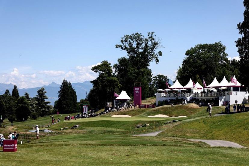 This photograph shows a general vieu of the 16th hole during the third round of the Amundi Evian Championship at Evian Resort Golf Club, in Evian-Les-Bains, eastern France on July 12, 2025. Alex MARTIN / AFP