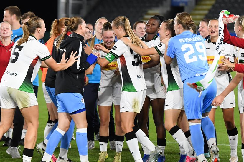 OHL's players celebrate after winning a game between Oud-Heverlee Leuven Women and Poland women team Czarni Sosnowiec, Wednesday 2 September 2026 in Leuven, a return leg in the third round qualification game in the UEFA Women's Champions League. OHL Women won 1-4 the first leg. BELGA PHOTO JILL DELSAUX