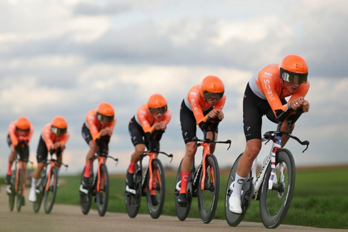 Ineos Grenadiers' riders compete during the 3rd stage of the Paris-Nice cycling race, 23.5 km team time-trial between Cosne-Cours-sur-Loire and Pouilly-sur-Loire, on March 10, 2026. Anne-Christine POUJOULAT / AFP