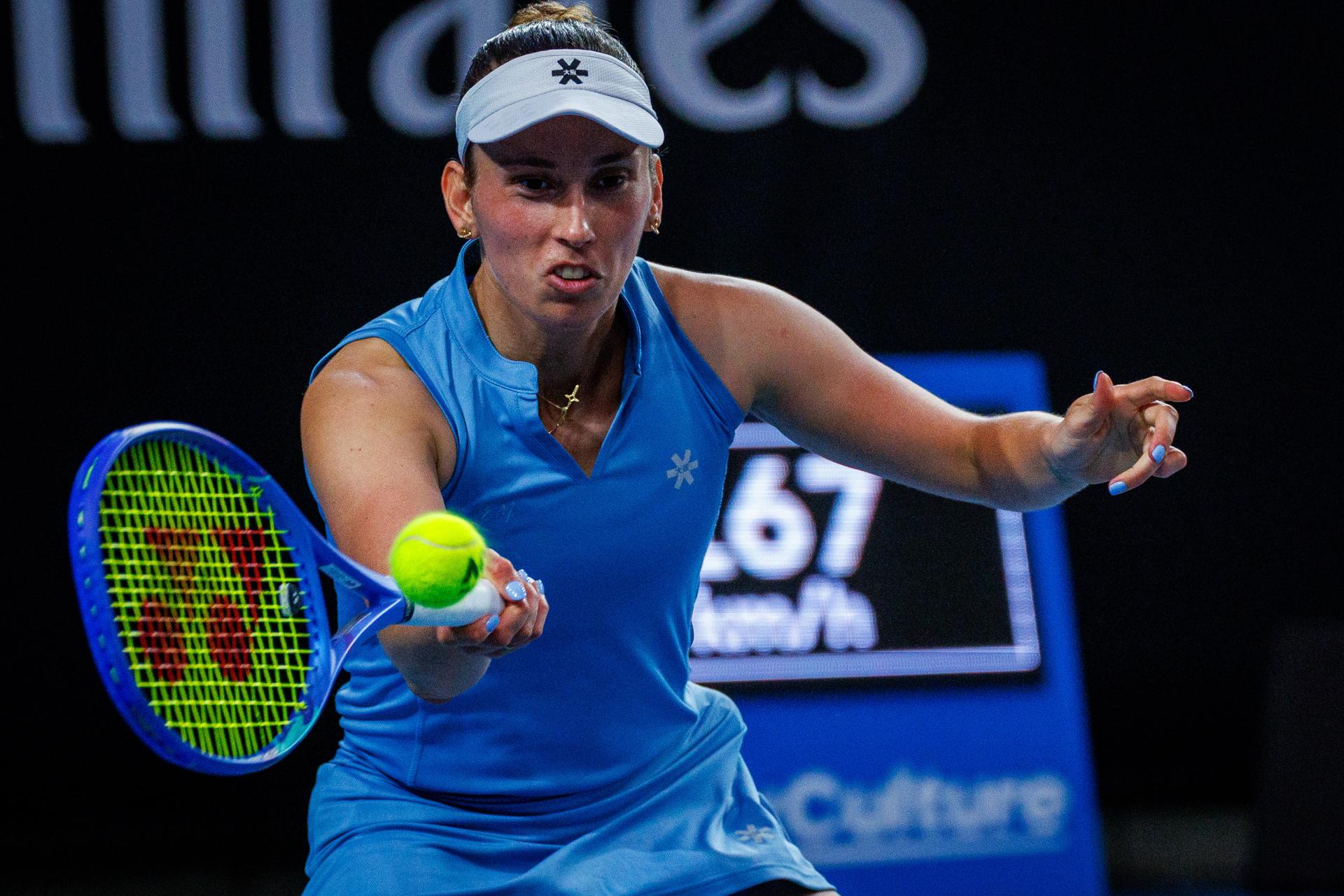 Belgium's Elise Mertens pictured in action during a tennis match against Thailand's Tararudee, in the women first round of the women's singles at the Australian Open, Melbourne Park, Melbourne on Monday 19 January 2026. BELGA PHOTO PATRICK HAMILTON --- BENELUX ONLY ---