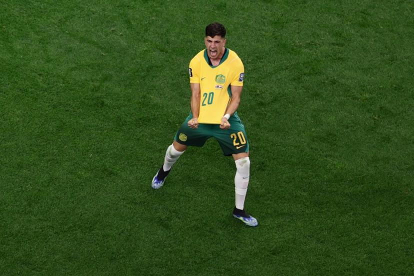Australia's forward #20 Cristian Volpato celebrates after Egypt scored an own goal during the 2026 World Cup round of 32 football match between Australia and Egypt at the Dallas Stadium in Arlington on July 3, 2026. Aric Becker / AFP