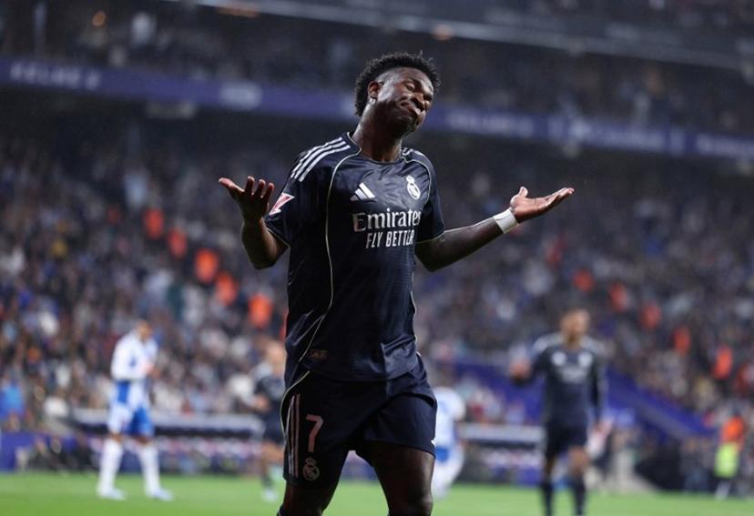 Real Madrid's Brazilian forward #07 Vinicius Junior reacts during the Spanish league football match between RCD Espanyol and Real Madrid CF at RCDE Stadium in Cornella de Llobregat on May 3, 2026. Josep LAGO / AFP