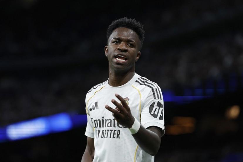 Real Madrid's Brazilian forward #07 Vinicius Junior gestures during the Spanish league football match between Real Madrid CF and Real Oviedo at Santiago Bernabeu Stadium in Madrid on May 14, 2026. Oscar DEL POZO / AFP
