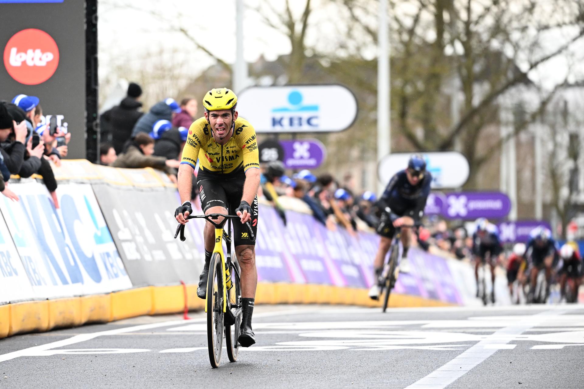 France's Christophe Laporte of Team Visma-Lease a Bike crosses the finish line of the 81st edition of the men's one-day cycling race Omloop Het Nieuwsblad (UCI World Tour), the opening race of the Flemish one-day classics season, 207,6 km from Gent to Ninove, Saturday 28 February 2026. BELGA PHOTO MAARTEN STRAETEMANS