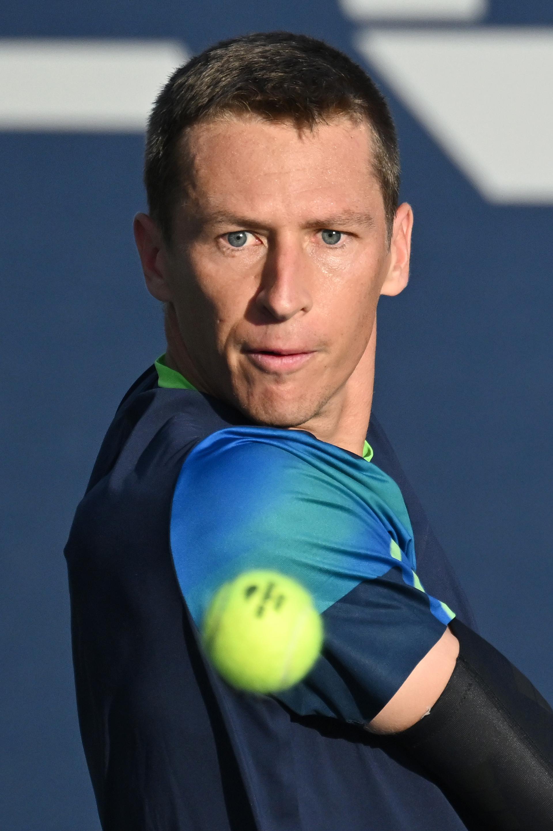 Belgian Kimmer Coppejans pictured in action during a tennis match against Argentine Barrena, in the first round of the qualifications for the men's singles of 2025 US Open Grand Slam tennis tournament in New York City, USA, Tuesday 19 August 2025. Coppejans won 6-4, 7-6, 6-3. BELGA PHOTO TONY BEHAR