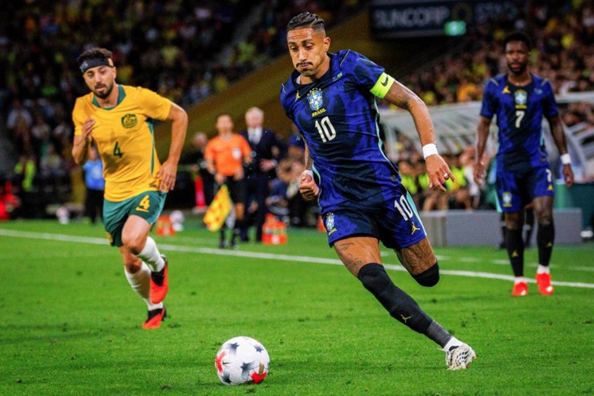 Brazil's Raphinha controls the ball during the international friendly football match between Australia and Brazil at Suncorp Stadium in Brisbane on September 29, 2026. Patrick HAMILTON / AFP
