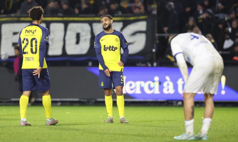 Royale Union Saint-Gilloise's Moroccan forward #23 Sofiane Boufal reacts the end of the Belgian "Pro League" First Division football match between Royale Union Saint-Gilloise and KAA Gent at the Joseph Marien Stadium in Brussels on December 6, 2025. VIRGINIE LEFOUR / AFP