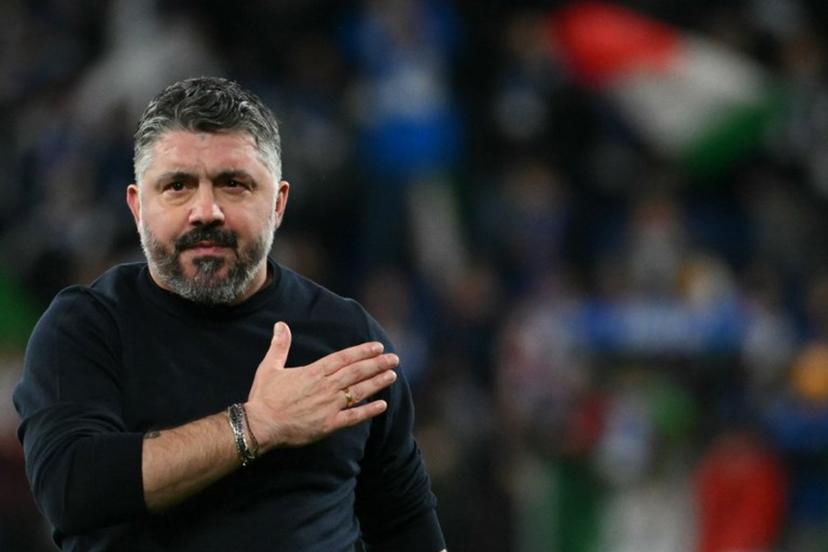 Italy's headcoach Gennaro Gattuso greets supporters after winning the play-off FIFA World Cup 2026 European qualification semi-final football match between Italy and North Ireland at the Gewiss stadium in Bergamo, on March 26, 2026. Alberto PIZZOLI / AFP