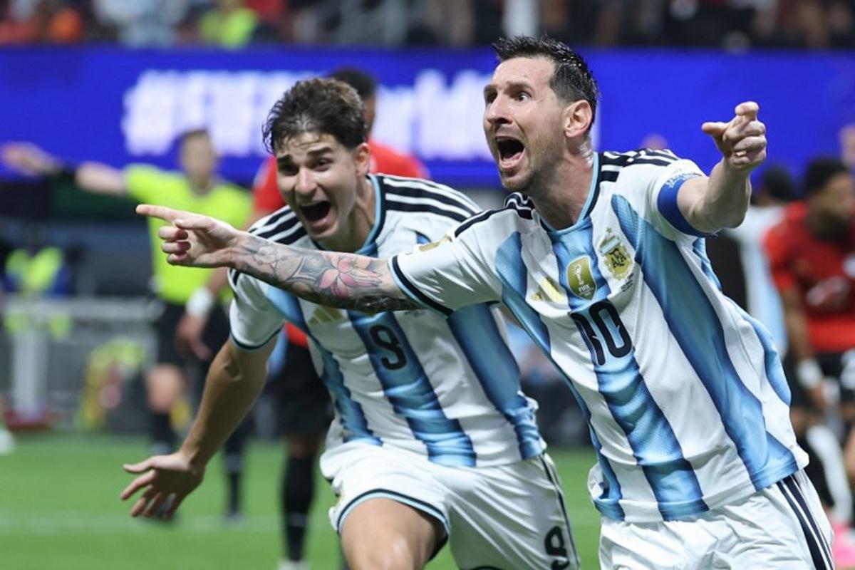 Argentina's forward #10 Lionel Messi celebrates scoring his team's second goal during the 2026 World Cup round of 16 football match between Argentina and Egypt at Atlanta Stadium in Atlanta on July 7, 2026. Thomas COEX / AFP