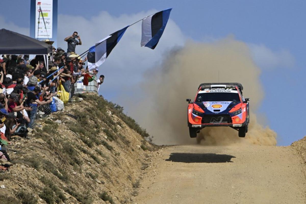Ott Tanak of Estonia and his co-driver Martin Jarveoja of Estonia compete in their Hyundai i20 N Rally 1 during the SS9 stage of the World Rally Championship (WRC) Rally of Portugal in Mortagua, on May 16, 2025. MIGUEL RIOPA / AFP