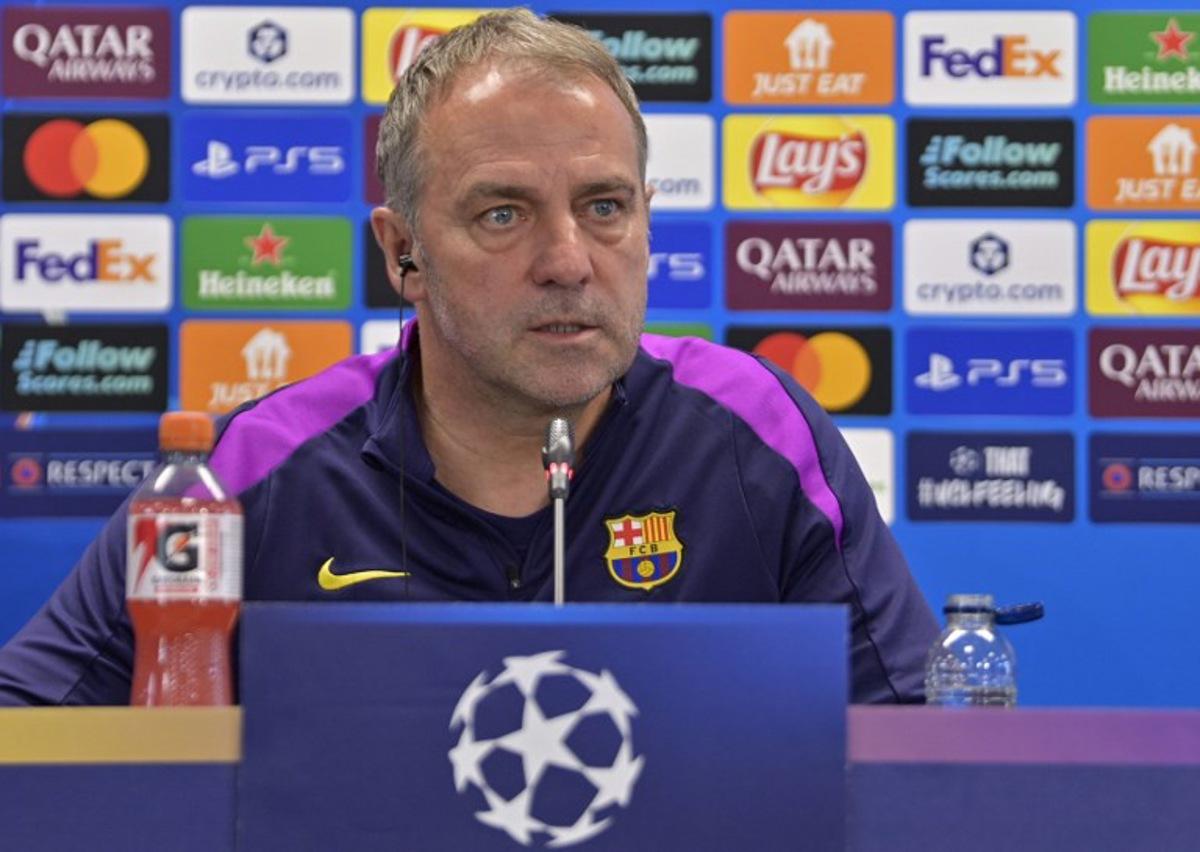 Barcelona's German coach Hans-Dieter Flick gives a press conference on the eve of their UEFA Champions League quarter final football match against Club Atletico de Madrid at the Joan Gamper training ground in Sant Joan Despi, near Barcelona, on April 7, 2026. MANAURE QUINTERO / AFP