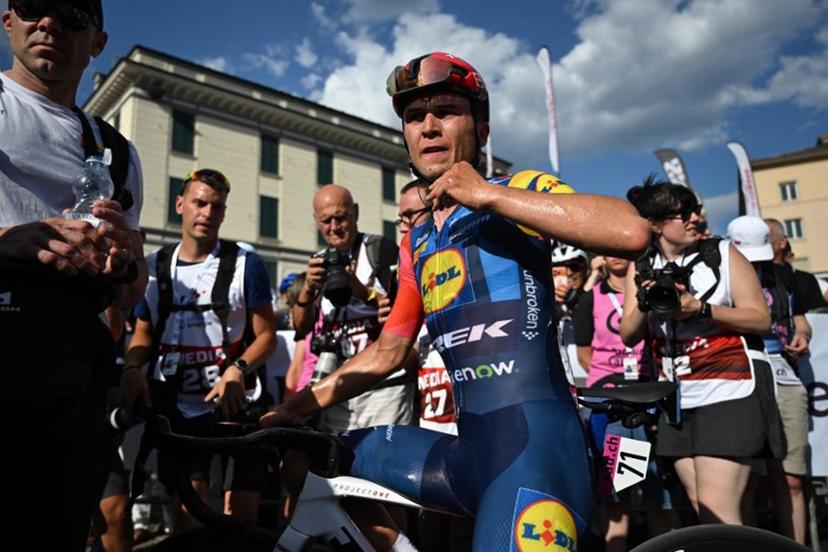 Italian rider Andrea Bagioli of team Lidl-Treck is pictured after crossing the finish line in third place in the first stage of the Men's Tour of Switzerland (Tour de Suisse) cycling race, in Sondrio, Italy, on June 17, 2026. Marco BERTORELLO / AFP